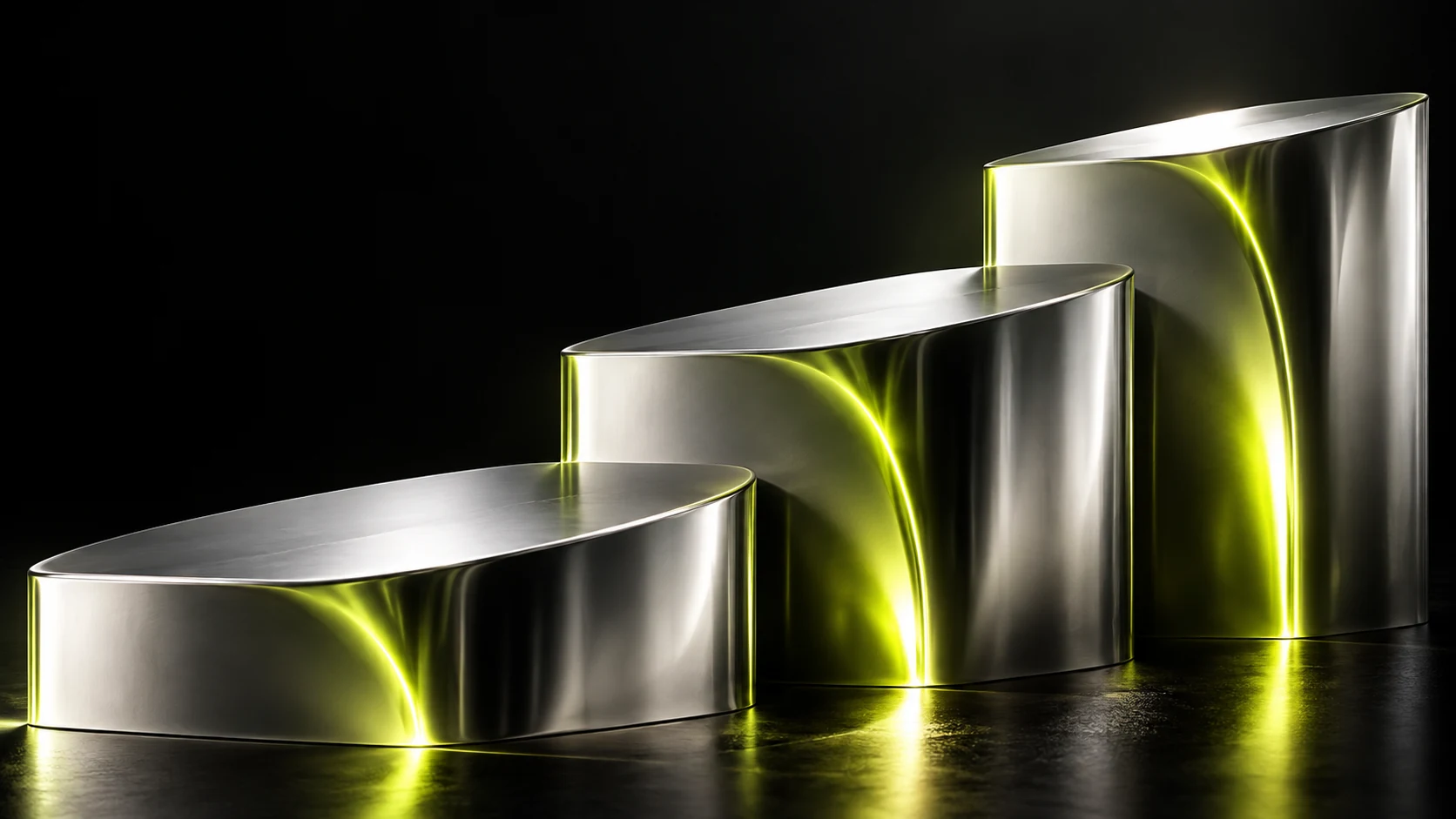 Ascending metallic terraces illuminated by chartreuse light